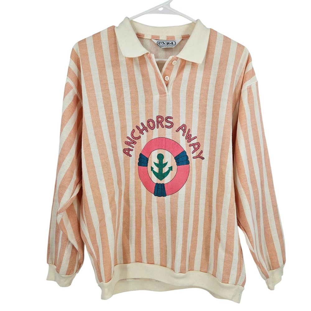 Vintage 80s Anchors Away Polo Sweater Peach Cream Nautical Striped Preppy Size S